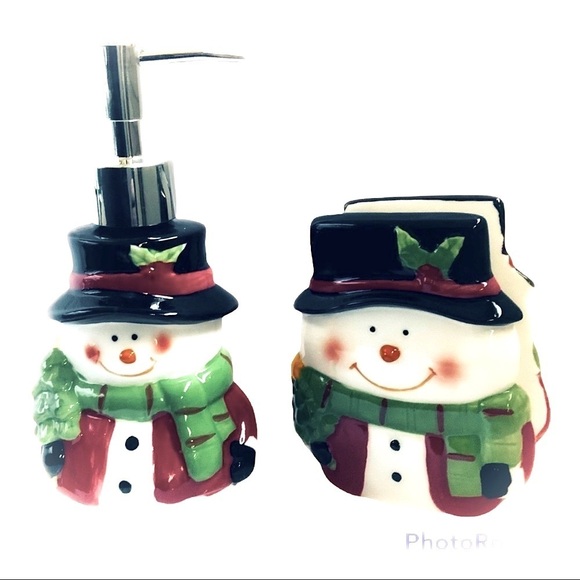 Snowman Ceramic Hand Painted Soap Lotion Dispenser Napkin Letter Holder Set - Picture 13 of 13
